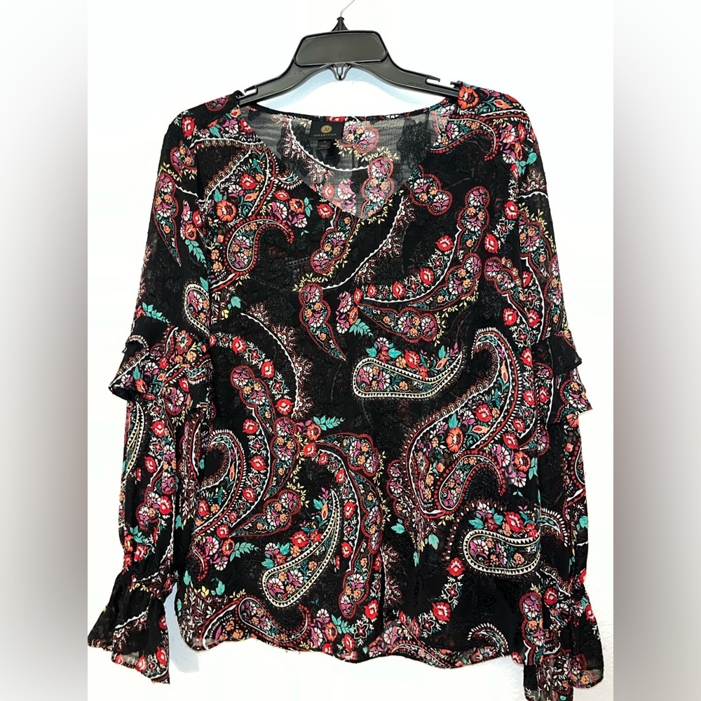 JM Collection Black Paisley Floral V-Neck Top with Pink & Teal Accents